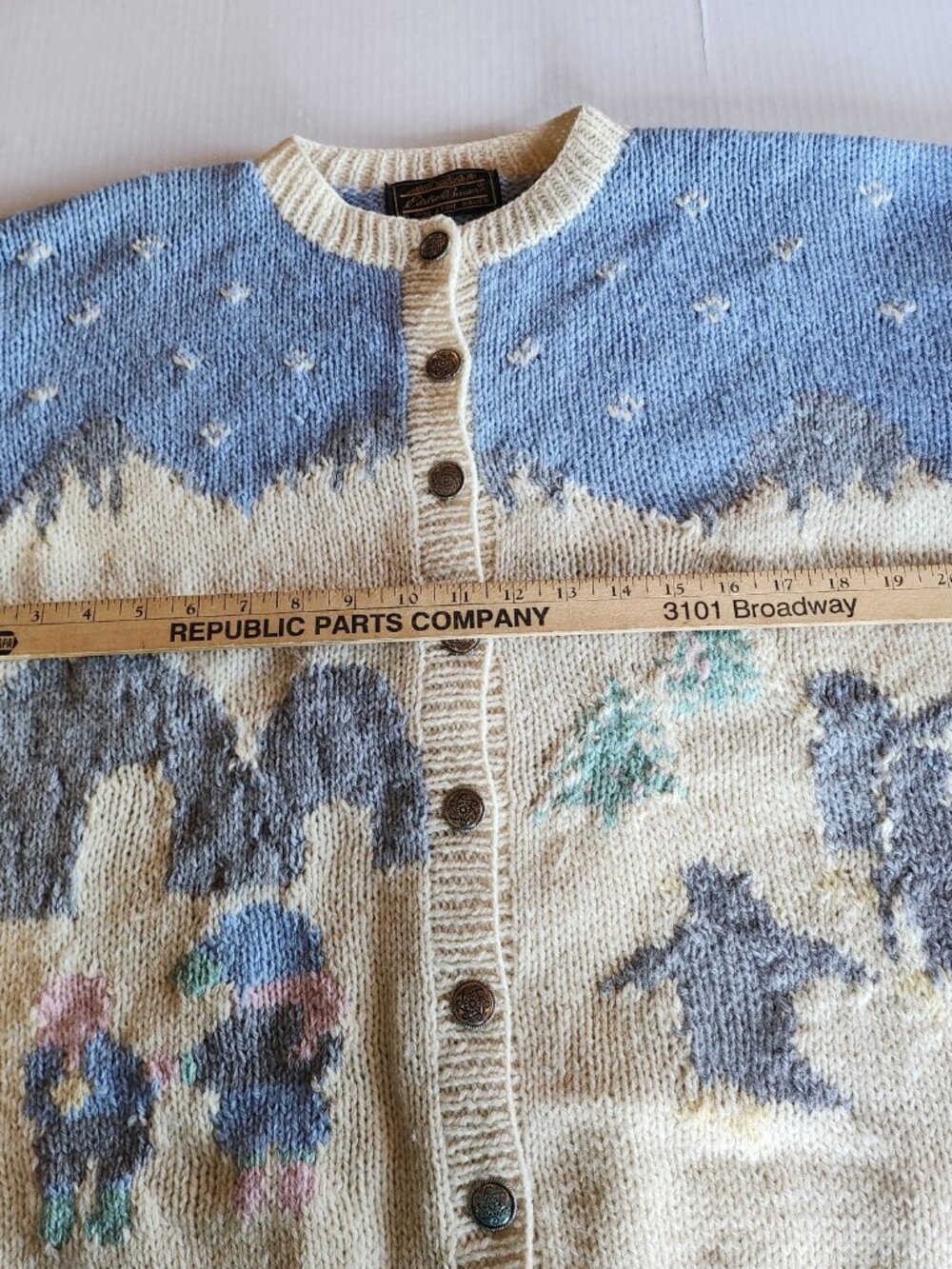 Vintage 90s Y2K Eddie Bauer Wool Cardigan Chunky Knit Cabin Fair Isle Sweater L - Picture 11 of 16